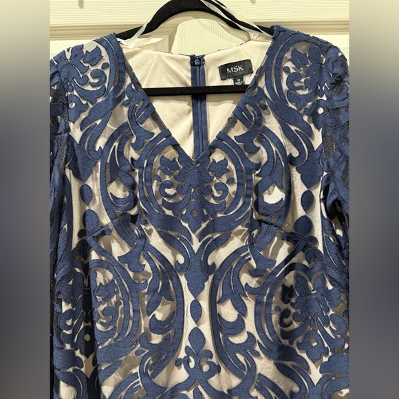 MSK Navy Blue Patterned bell Sleeve Dress with nude lining - Picture 2 of 9